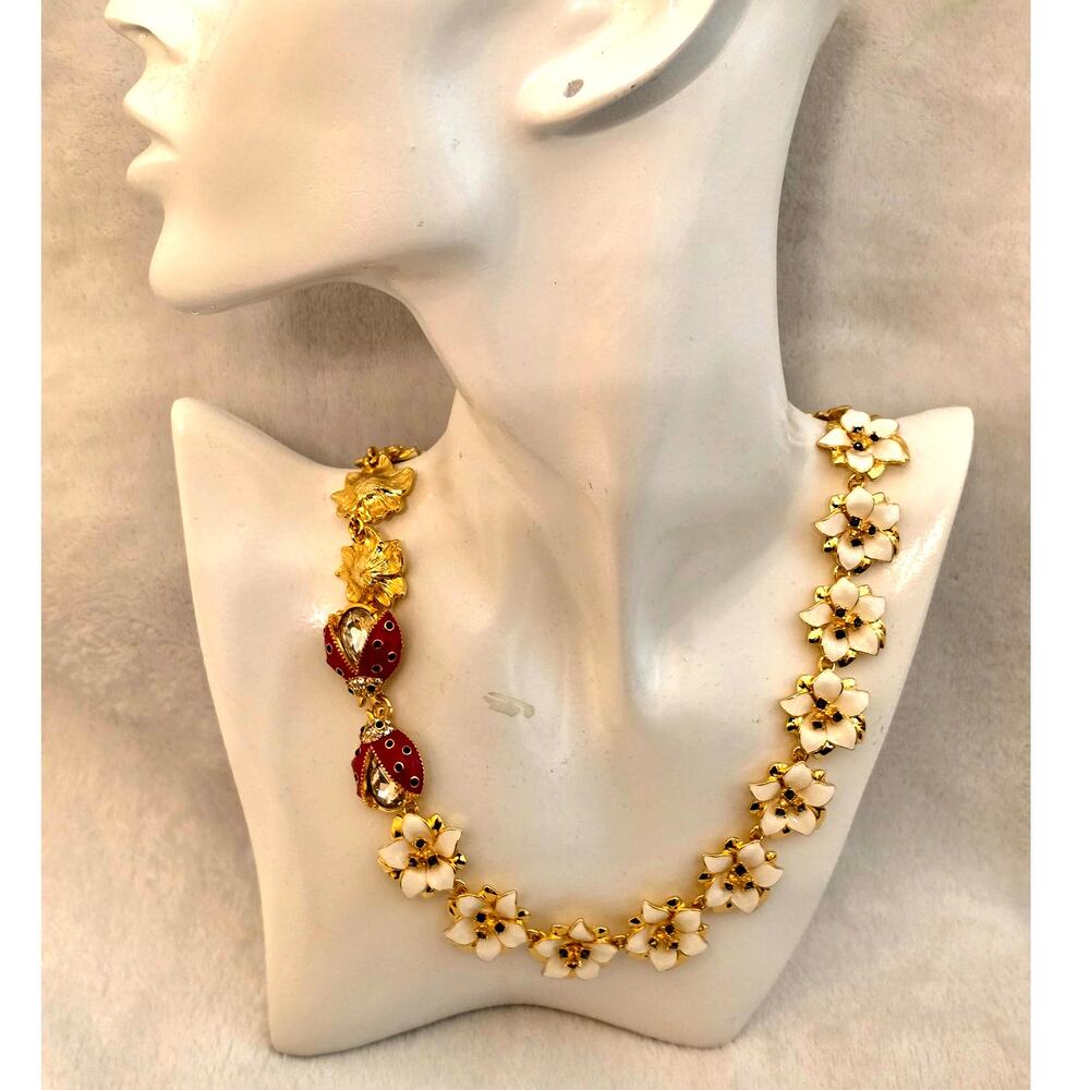 TALBOTS LADYBUG WITH WHITE ENAMEL FLOWERS 18"+ NECKLACE NWT